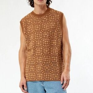 💎 PacSun Men's Crochet Sweater Vest Patterned Tan Sleeveless Top NWT #0074